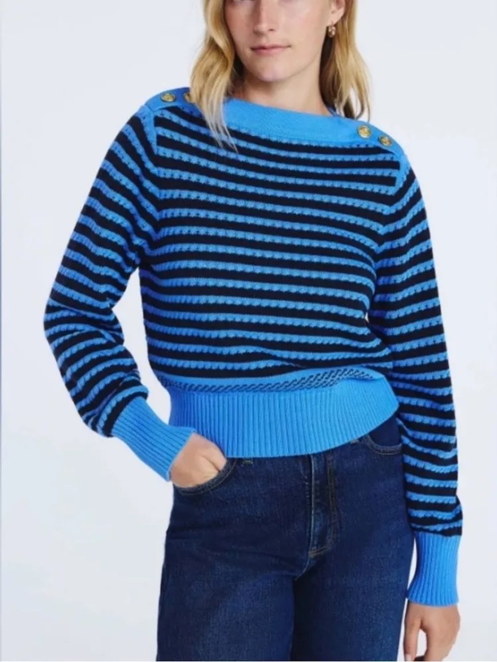 Free Assembly Shoulder Button Blue Striped Sweater